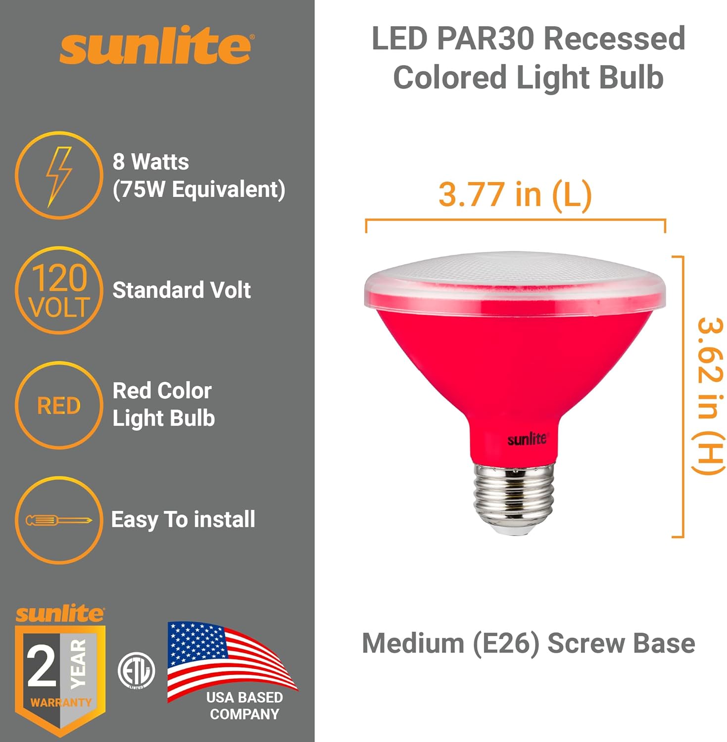Sunlite 41652 LED PAR30 Short Neck Colored Recessed Light Bulb, 8 Watt (75W Equivalent), Medium (E26) Base, Floodlight, ETL Listed, Red, 3 Count