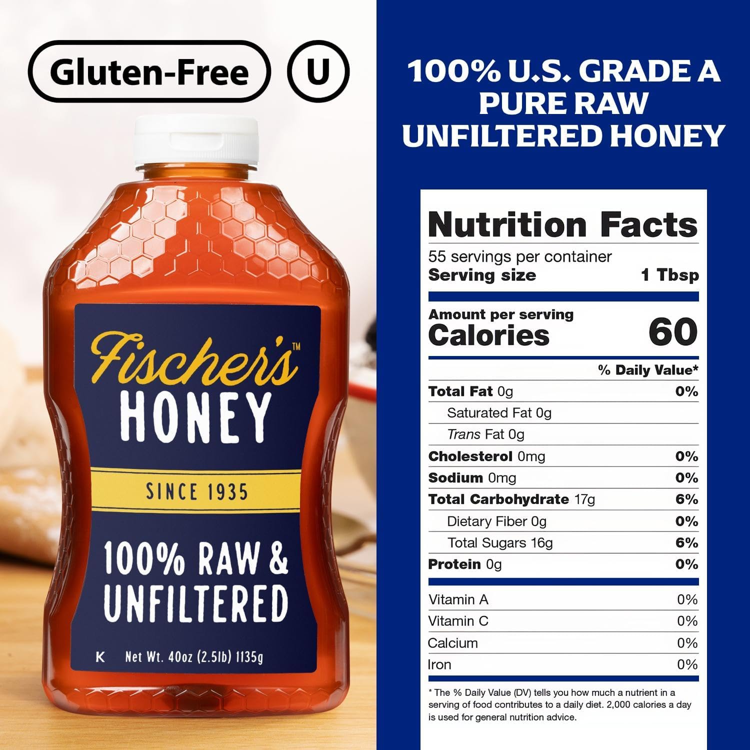 Fischer’s 100% Pure, Raw & Unfiltered Honey – USA Made Honey – All-Natural Sweetener – Rich Flavor Profile, Packed with Nutrients, 40 oz (Pack of 2)
