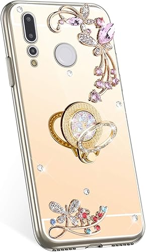 Jinghuash Kompatibel mit Huawei Nova HA lle Spiegel mit Runde Ring StA nder GlA nzend Kristall Glitzer Schmetterling Blume Diamant Strass DA nn Weiche TPU Silikon HandyhA lle SchutzhA lle-Rotgold