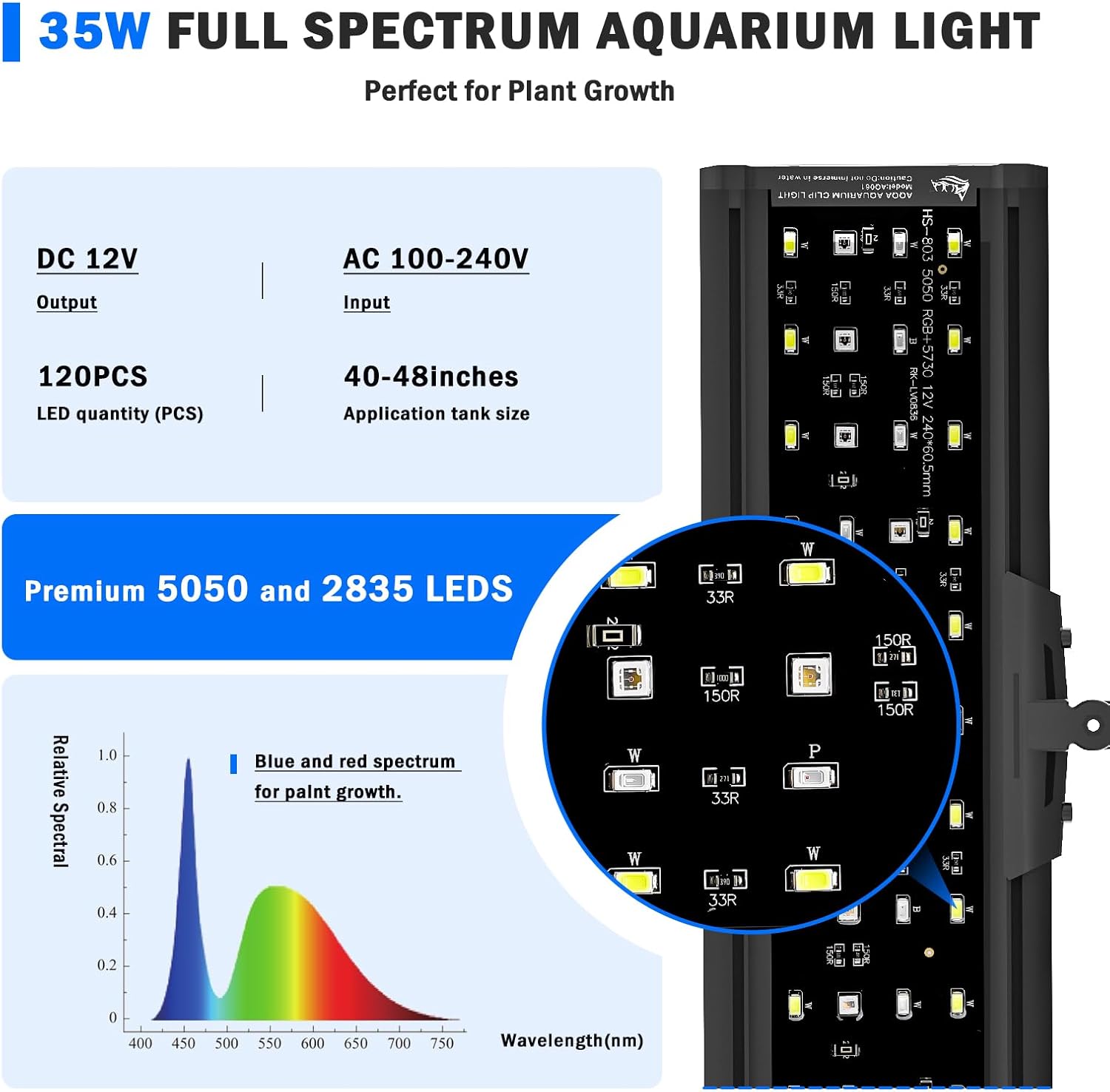 AQQA LED Aquarium Light, 24/7 Mode Clip on Fish Tank Light with Memory Function, DIY Mode Full Spectrum Aquarium Plant Light, Adjustable Timer/Brightness, IP68 Waterproof for 40-48 Inch Fish Tank 35W