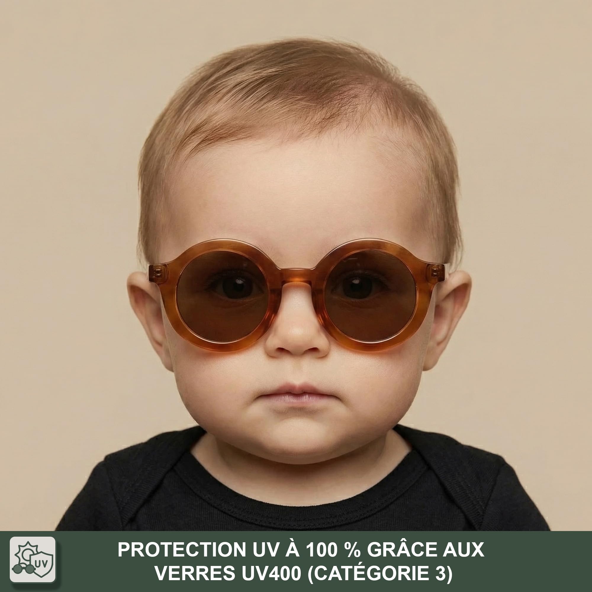 BABYMOCS Lunettes de soleil pour bébé de 0 à 1,5 ans I Protection 100 % UV400 Cat.3 I Cadre en bioplastique recyclé sans BPA I Lunettes de soleil rondes pour bébé garçon et fille I Design suédois I