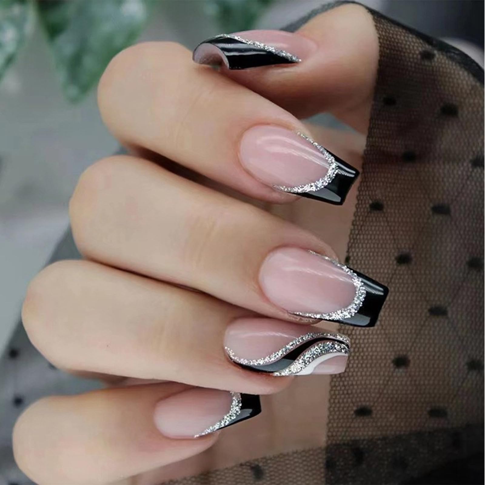 24pcs Short French False Nails - False Nails Stick on Nails Glitter Press on Nails Removable Glue - on Fake Nails Acrylic Full Cover Nails Women Girls Nail Art