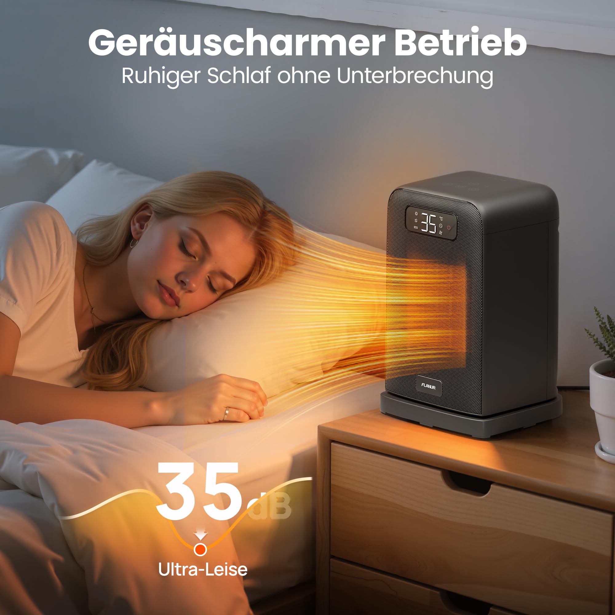 FLANUR Termowentylator energooszczędny, 1500 W PTC ceramiczny termowentylator z termostatem i trybem ECO, termowentylator 2 w 1, wyświetlacz cyfrowy, timer 12-godzinny, cichy grzejnik elektryczny 35