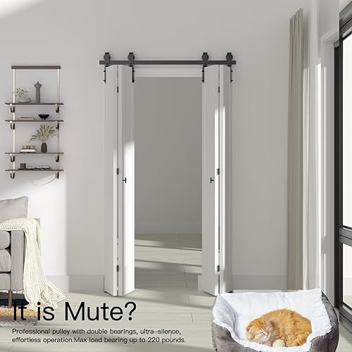 Miniatura 10 de Kit de herrajes para puerta de granero plegable individual de 30 pulgadas, ruedas de polea silenciosa, longitud de riel de 34 pulgadas, puerta no