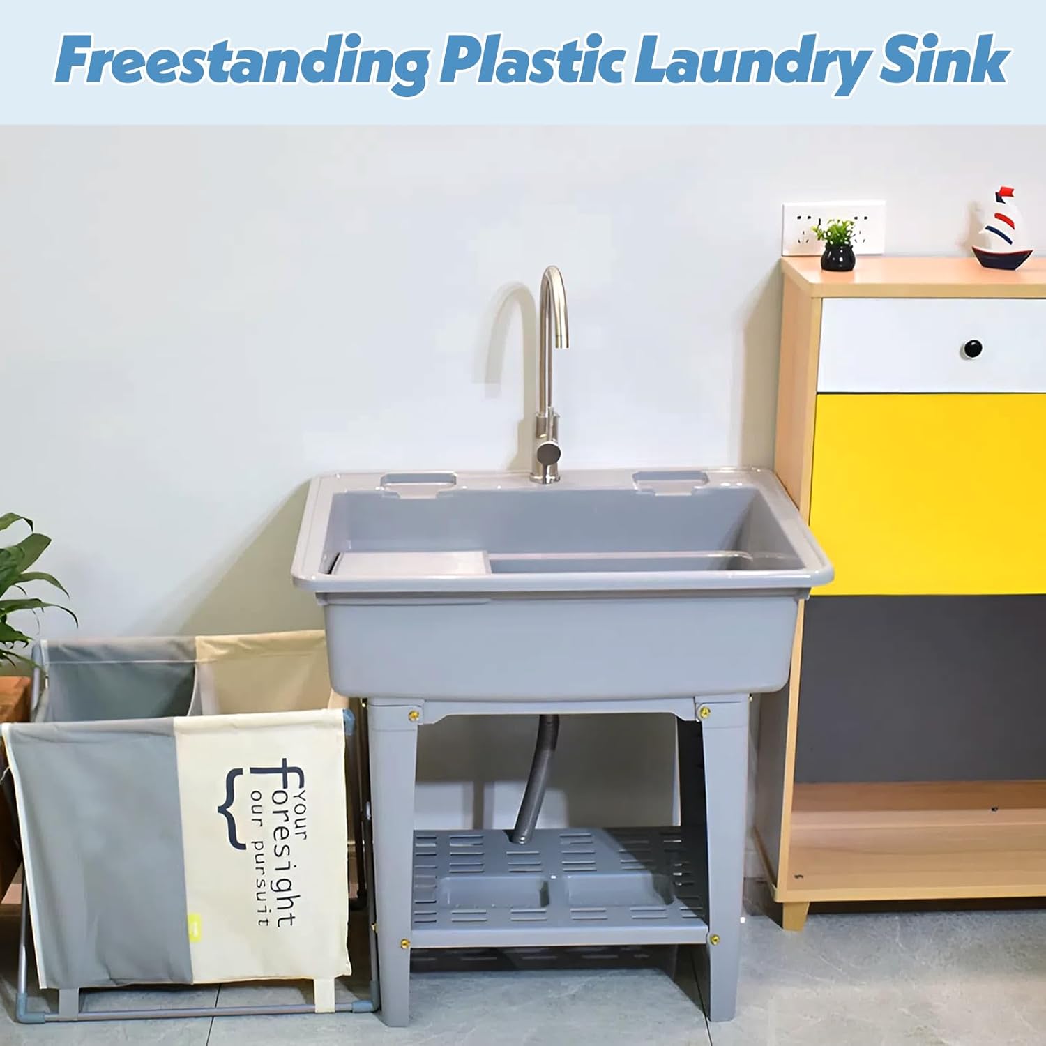 Portable Plastic Sink Laundry Tub,Outdoor Utility Sink with Washboard,Freestanding Hand Wash Station Laundry Tub Sink with Hose Hook Up,for Pet Wash Kitchen Garden Backyard Laundry