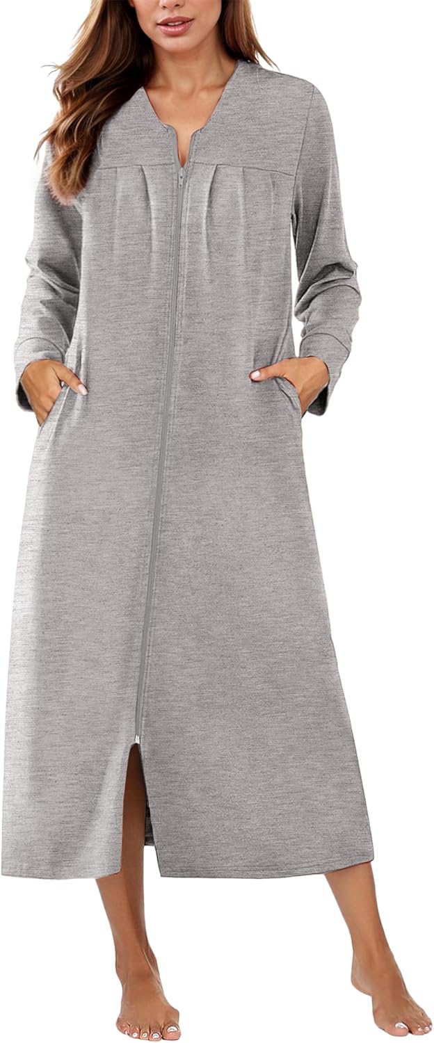 Ekouaer Zipper Robes for Women Long Knit Bathrobes Lightweight Full Length Housecoat with Pockets Nightgown S-3XL
