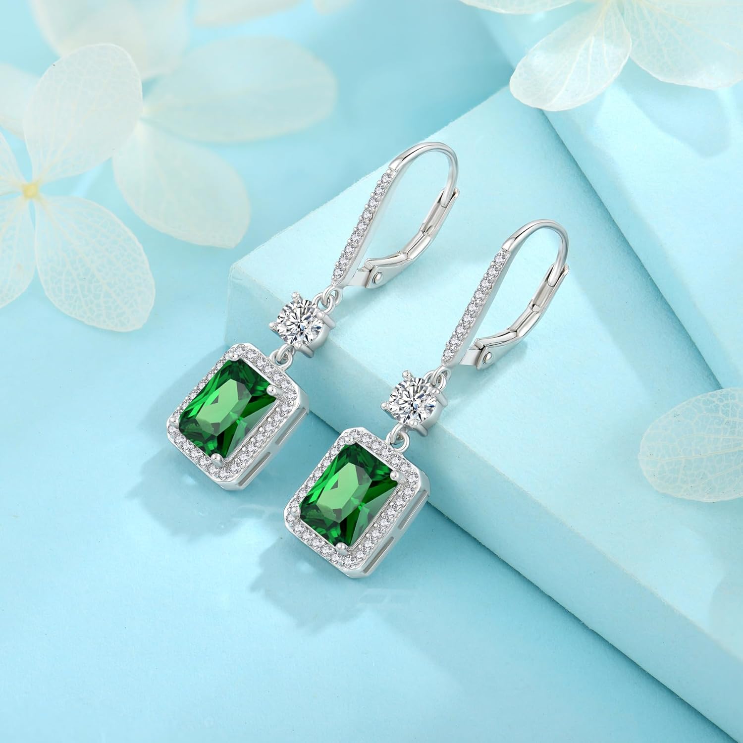 FJ Princess Cut Dangle Drop Earrings 925 Sterling Silver Square Halo Leverback Earrings Birthstone Jewelry for Women