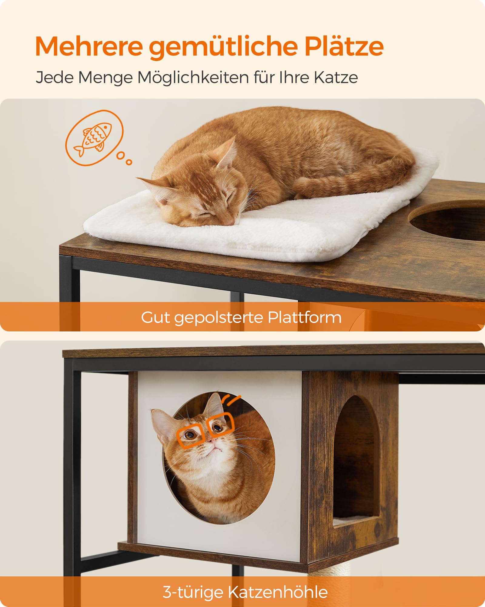Feandrea Kratzbaum, Katzenbaum, Katzenhaus mit Katzenklo-Schrank, erhöhter Napfständer, Sisalstamm, waschbare Kissen, vintagebraun PCT312X01