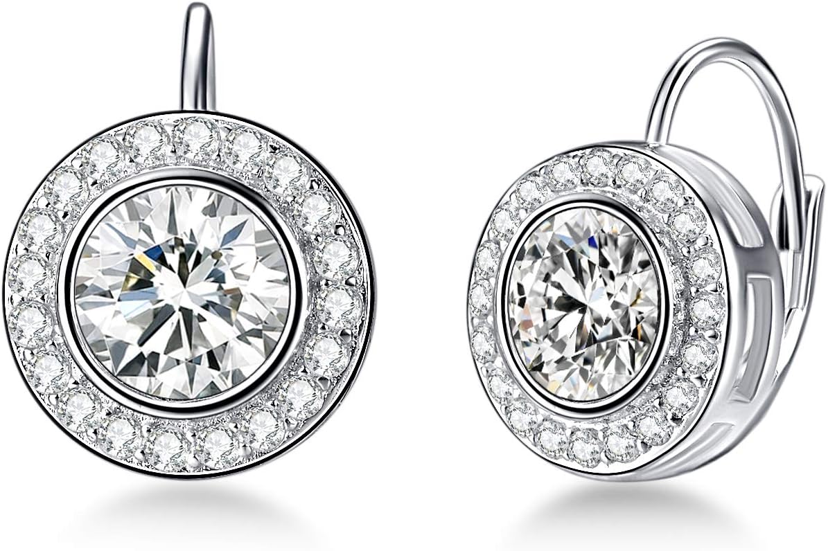 Halo Earrings 925 Sterling Silver Classic Round Cut Halo Leverback Earrings with Birthstone Crystal from Austria, Birthday Jewelry Gifts for Women