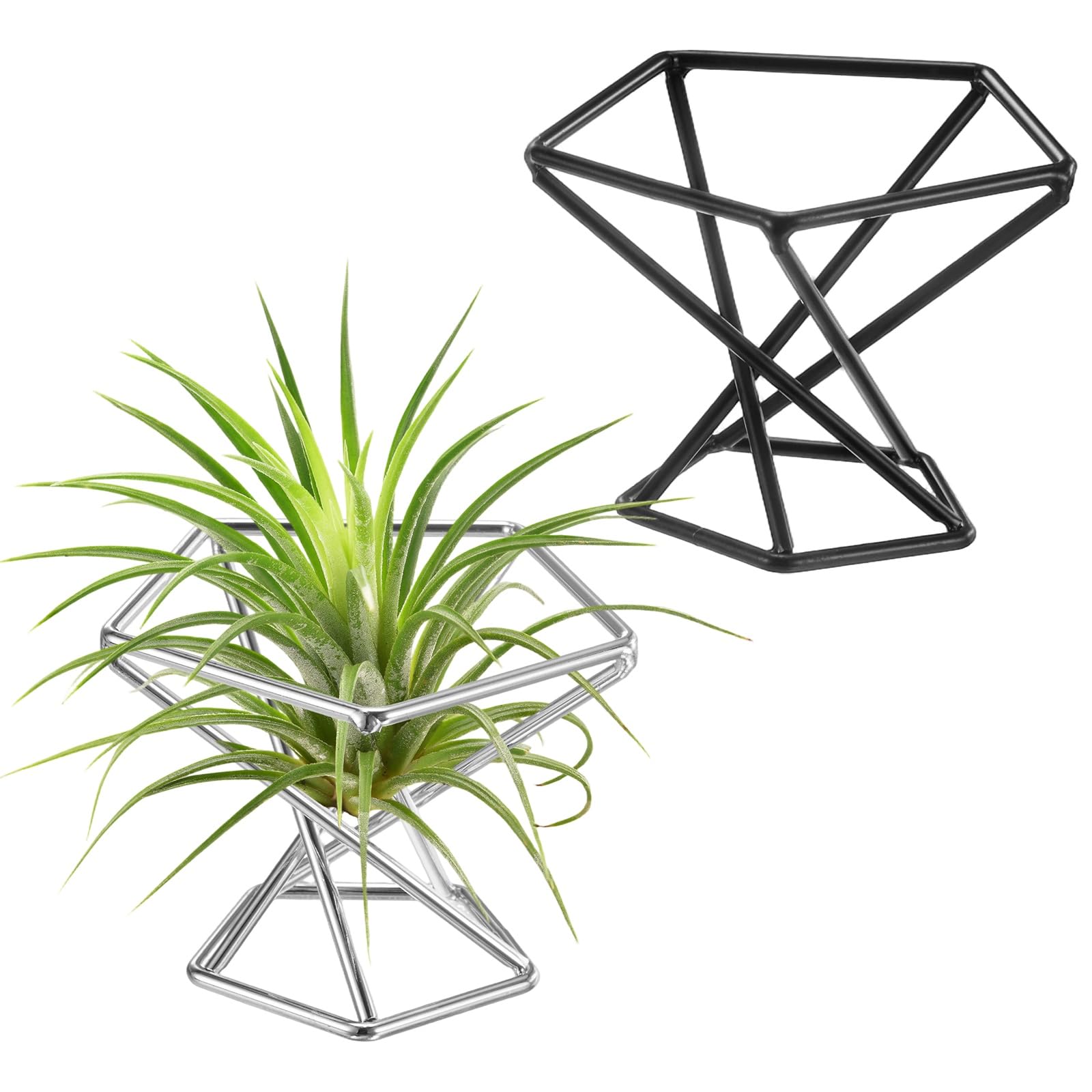 M METERXITY 4-Pack Geometric Air Plant Holders, Hexagonal Metal Airplants Stand Rack Holder for Home Decor/Indoor Outdoor Plants, Tillandsia Pot Containers [Silver Tone, Black, 1.65" H]
