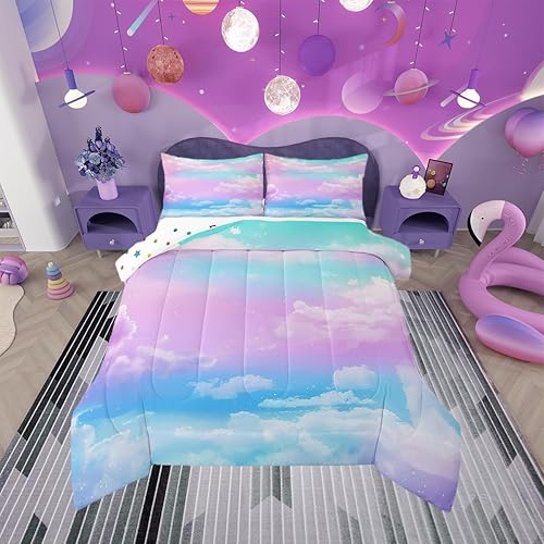 jejeloiu Cloud Sky Bedding Set Full Size Girls Rainbow Duvet Set for Boys Girls 
