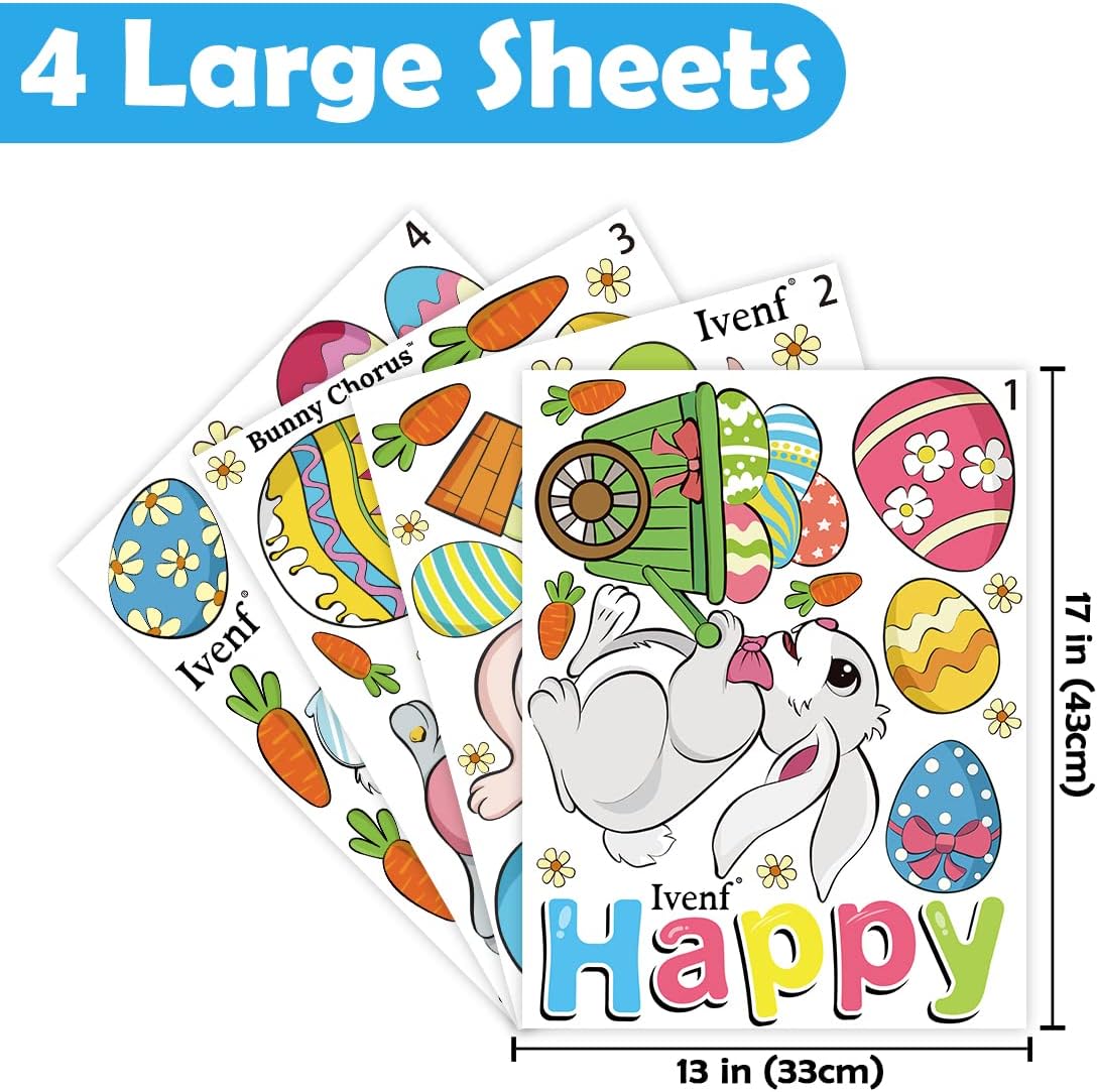 Ivenf Easter Decorations Window Clings Decals Decor, Extra Large Easter Eggs Bunny Carrot Flowers Party Supplies Gifts, Spring Window Clings Decorations for Kids School Home Office, 4 Sheet 57 pcs