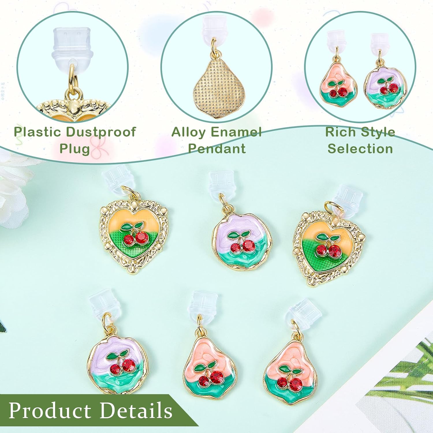 6Pcs Cherry Dust Plug Charm Type C USB C Dust Plug with Enamel Oil Painting Pendants Cute Charging Port Protector for Phone Reader Accessory Gifts image 4