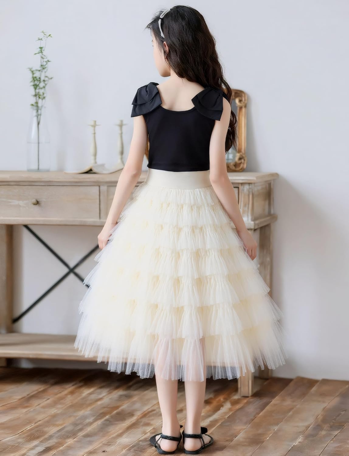Happy Cherry Long Tulle Skirts for Girls Ruffle Tiered Maxi Tutu Kids Layered Pleated Mesh A Line Petticoat Skirt 5-14T - Image 2