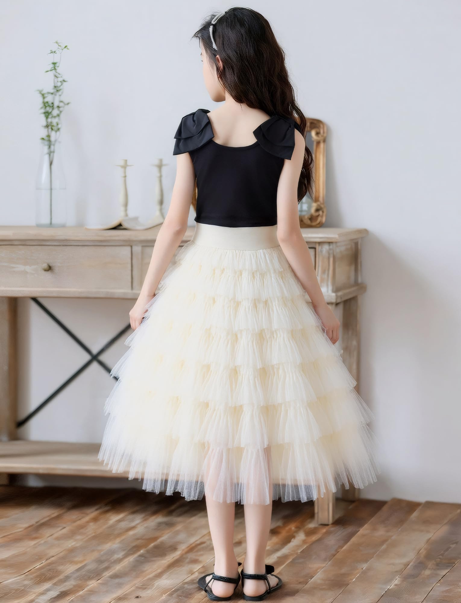 Maeau Jupe Tulle Longue pour Fille, Jupe Taille Élastique A-Line Oscillante, Jupes Dentelle Décontractée Élégante à Doublure Souple, Confort, 5–13 Ans/120-160cm