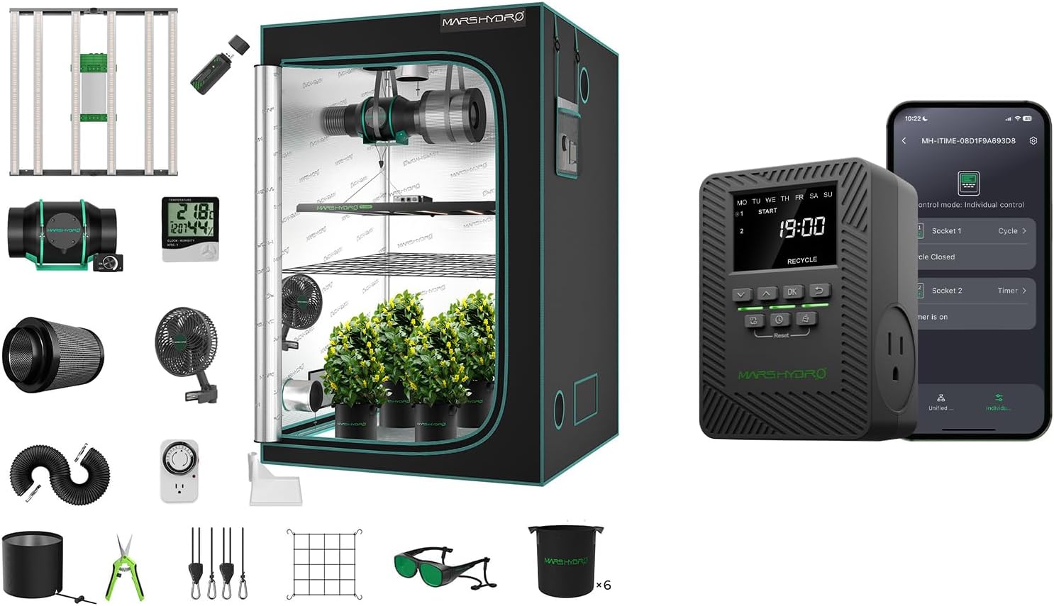 MARS HYDRO 4x4 Smart Grow Tent Kit Complete System and ITime 2-in-1 Smart Timer Outlet Dual Outlet App Control Custom Programmable 12 On/Off for Home Office and Plant Growth Use