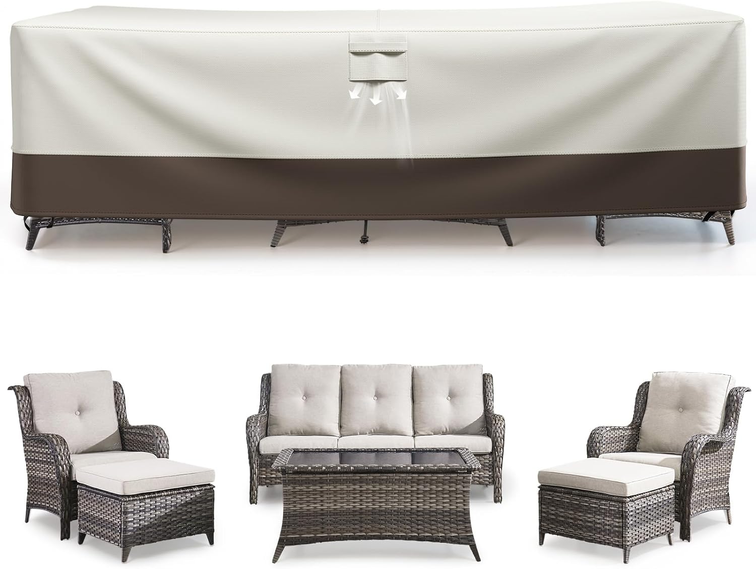 Outdoor Furniture Covers for 6 Pieces Set - Waterproof 600D Oxford Fabric Cover for 6 PCS Patio Sets Couch Glider Chairs Ottomans Coffee Fire Pit Table Sectional Sofa Dining Chair  XL/Cream Beige