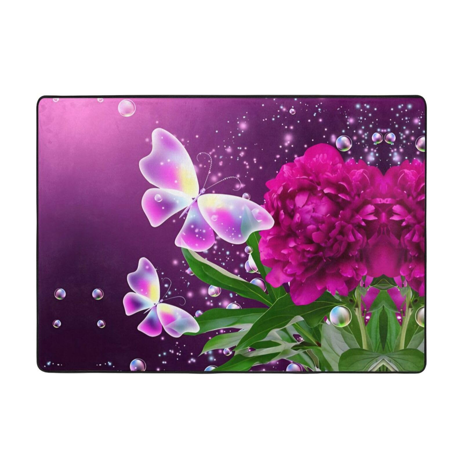 Alfombra de felpa morada de 80x58 pulgadas con estampado floral de mariposas y base antideslizante