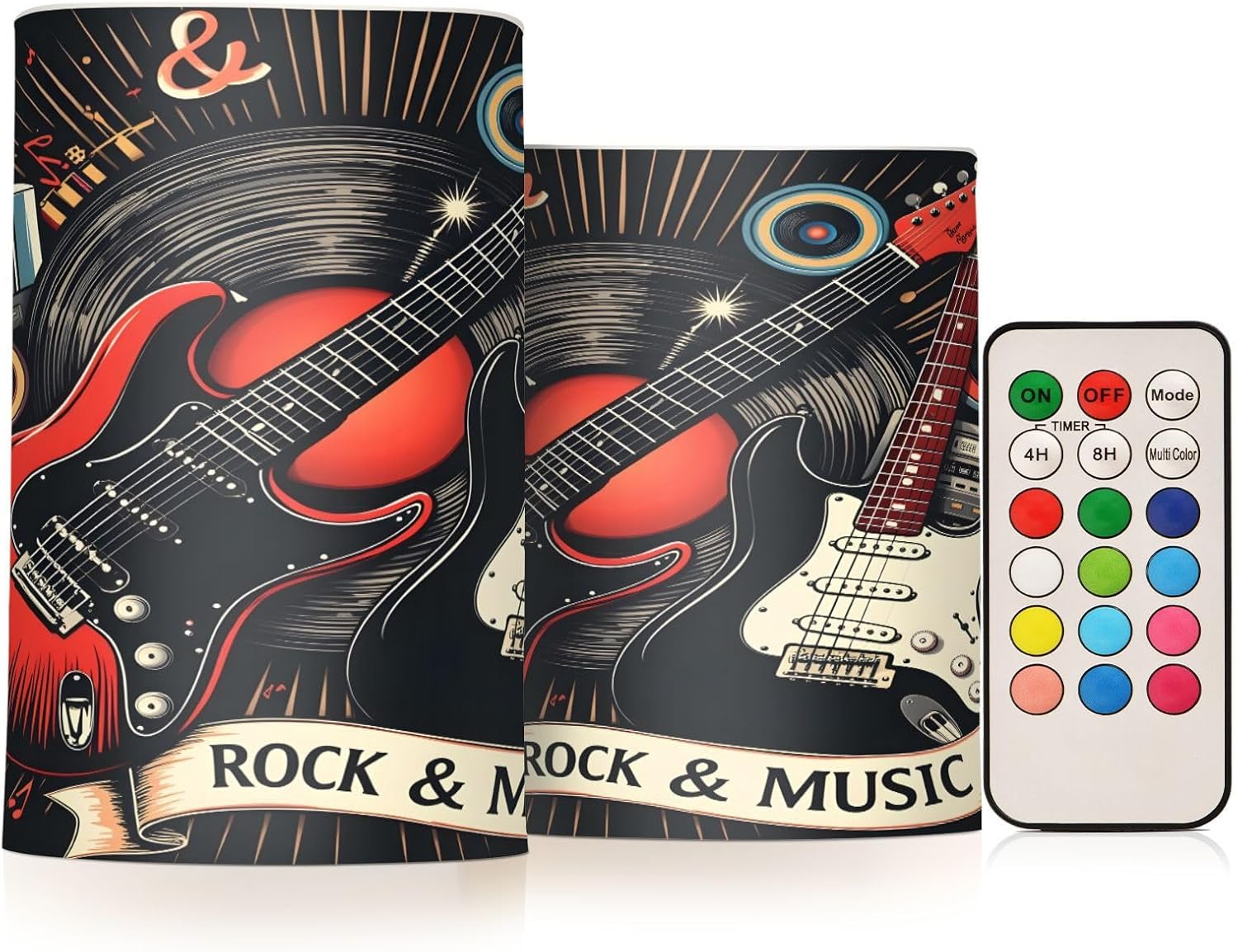 ALAZA Vintage Guitar Music Note Flickering Flameless Candles Pillar Led Candles Battery Operated Candles with Remote and Timers Set of 2