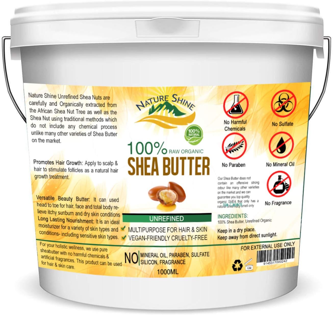 1KG Organic Shea Butter Unrefined 100% Pure, Raw & Natural Certified Organic A Grade African Shea Body Butter Moisturiser Cream Lotion for All Skin Face Hair Type