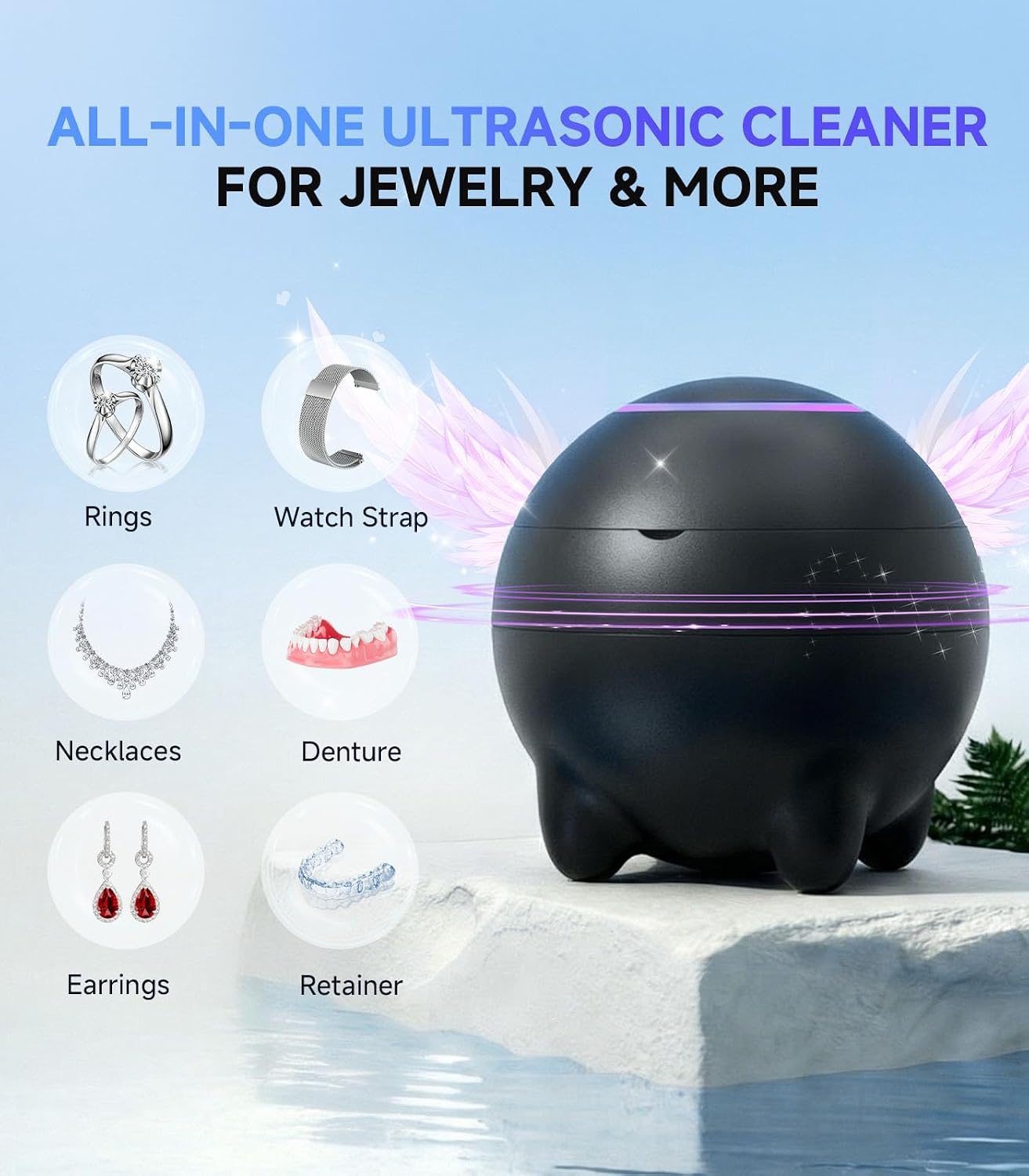 Ultrasonic Jewelry Cleaner Machine, 45KHz Retainer Cleaner Ultrasonic Professional for Aligner, Mouthguard, Ring, Earrings Sterling Silver Deep Cleaner with 4 Modes, Low Noise, 304Stainless Steel Tank