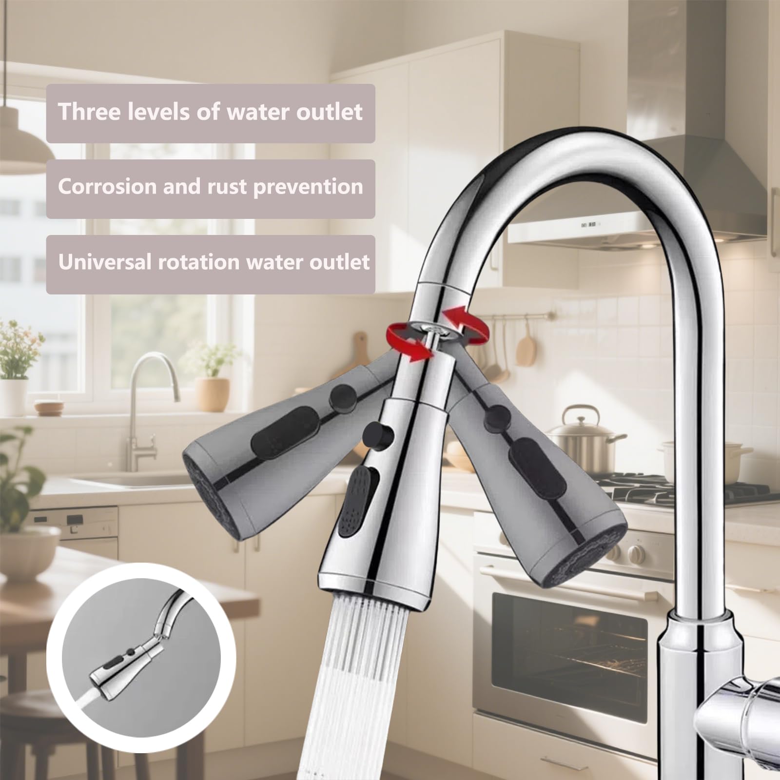 360° Aireador Grifo Cocina, Ajustable 3 Modos Salida Agua, Difusor Universal, Grifo Con Dispositivo Antivaho Para La Cocina Y El Cuarto De Baño (Plata)
