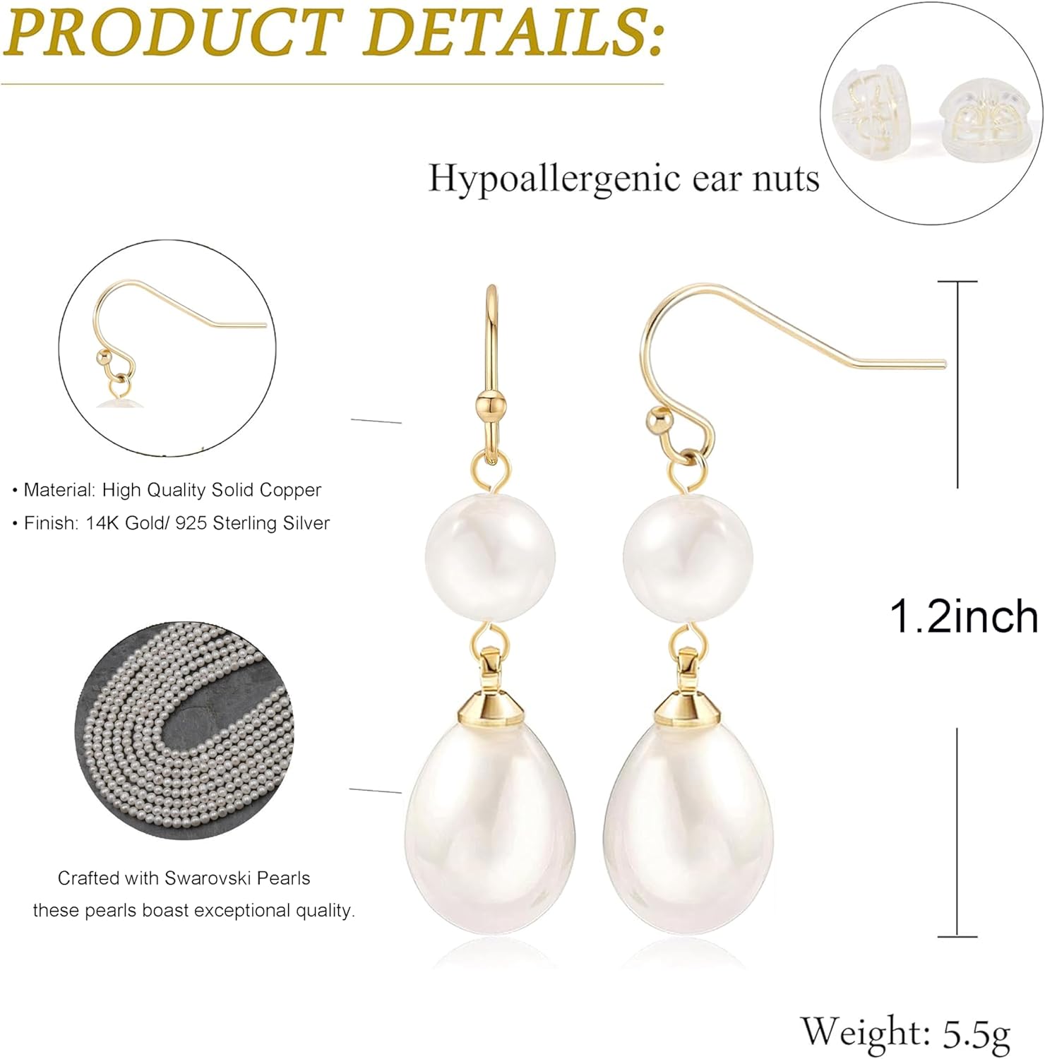 Pearl Earrings for Women 14K Gold Plated/925 Sterling Silver Double Pearl Dangle Drop Earrings for Bridal Wedding Prom Jewelry Gifts - Image 7