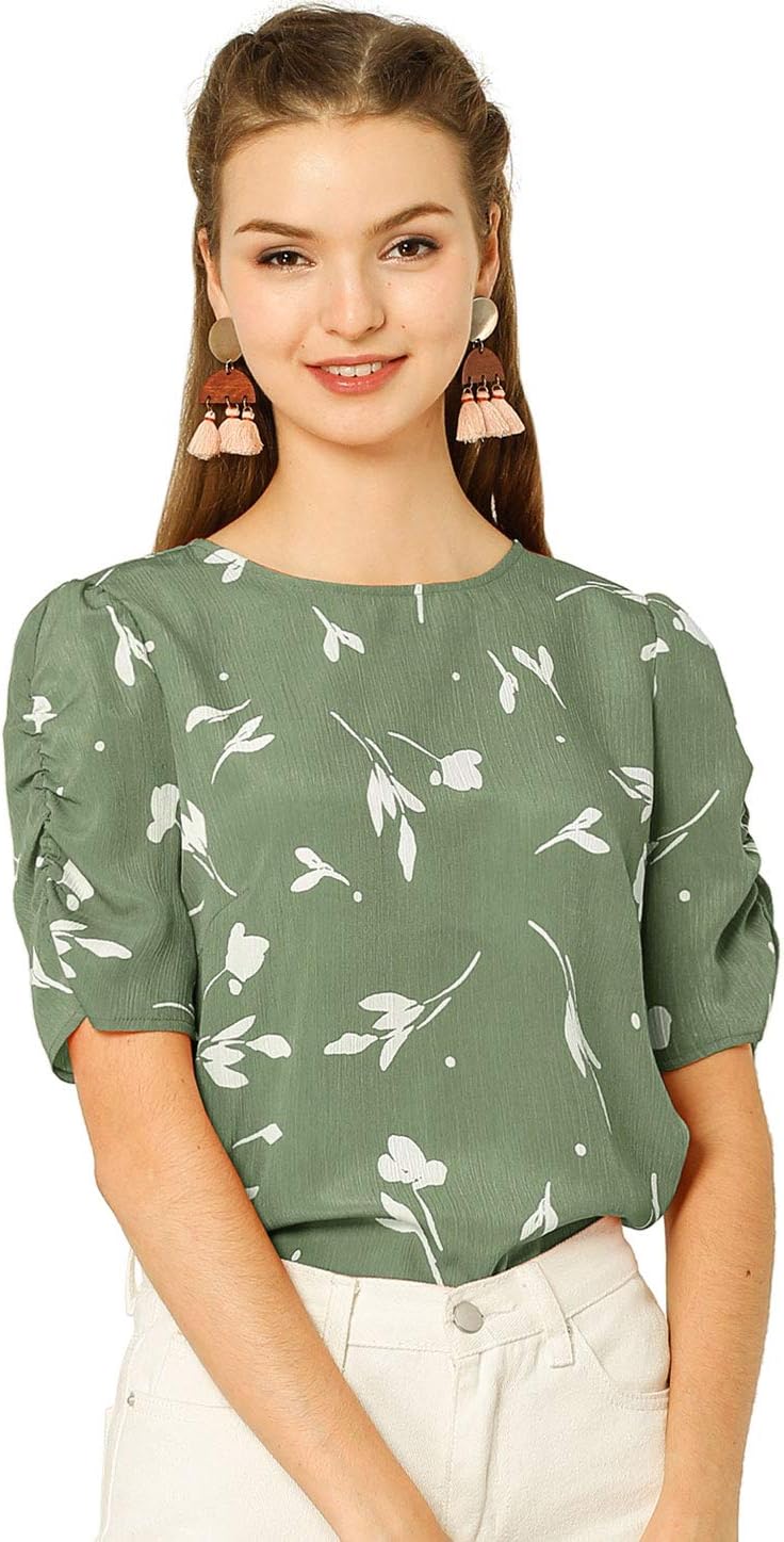 Allegra K Women's Floral Blouse Crew Neck Valentine's Day Casual Shirred Short Sleeve Top