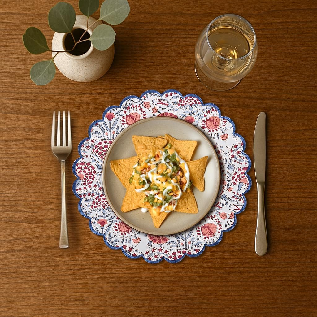 Ridhi Bo-ho Round Place Mat Double Layer Floral Cotton Washable Placemats 15" Round Embroidery Block Print Table Mat (Pack of 4-15 Inch Round, Pigeon Blue and Flamingo Pink)