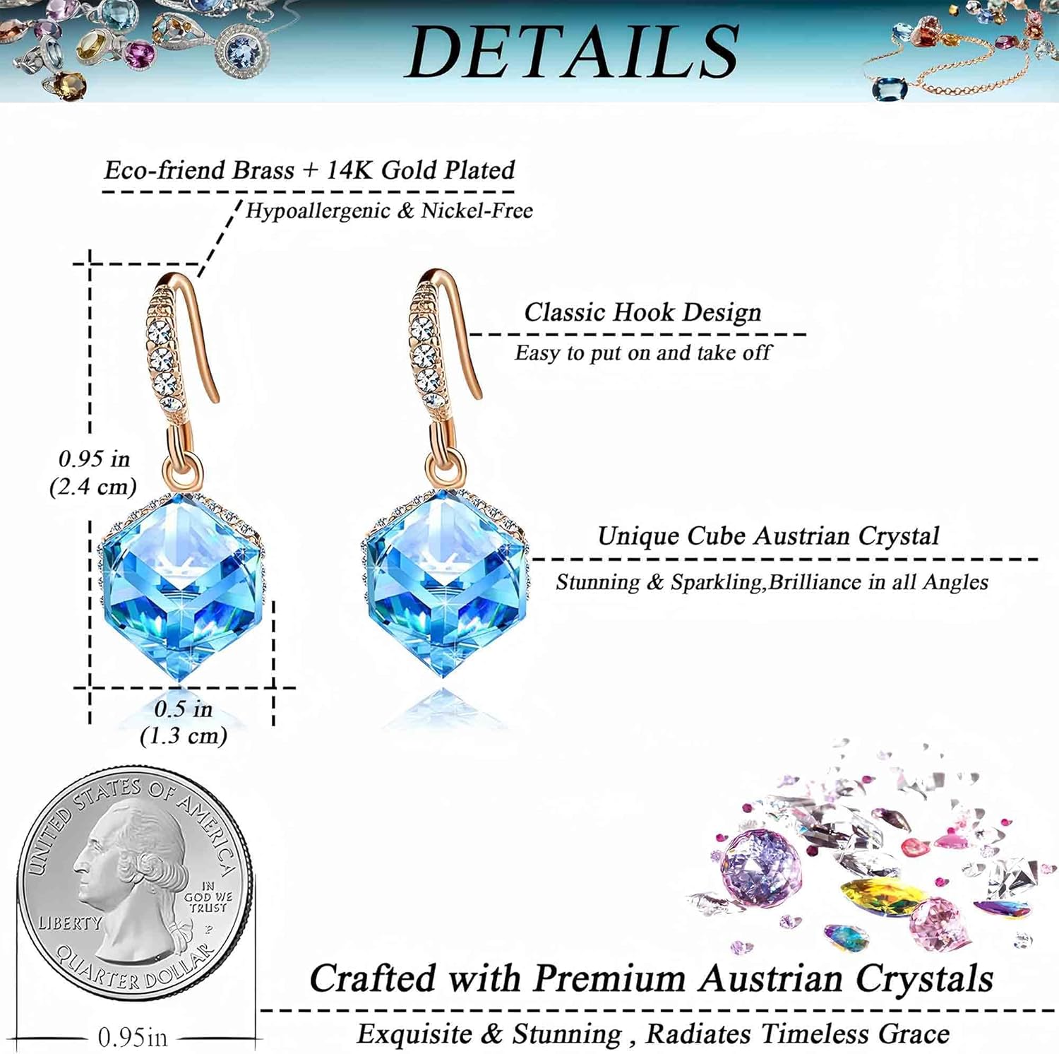 Austrian Crystal Cube Drop Dangle Earrings for Women 14K Gold Plated Hypoallergenic Jewelry - Image 4