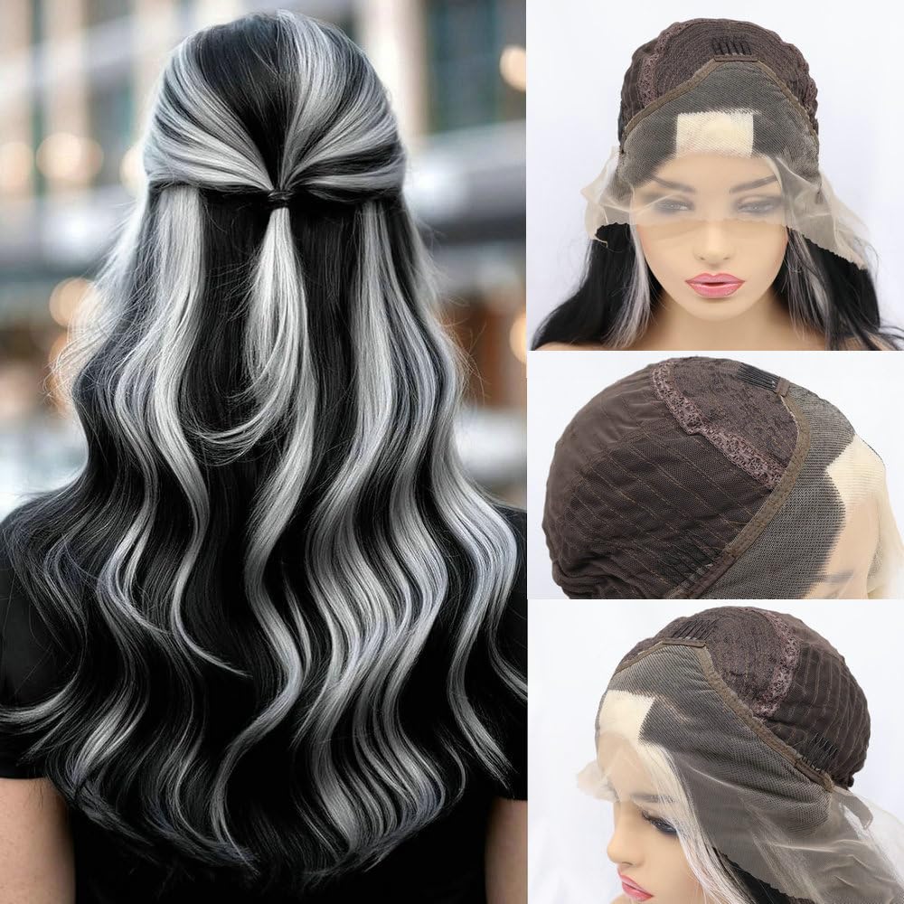 Long Colorful Synthetic Lace Front Wigs for Women (Black Highlight White Blonde Color)