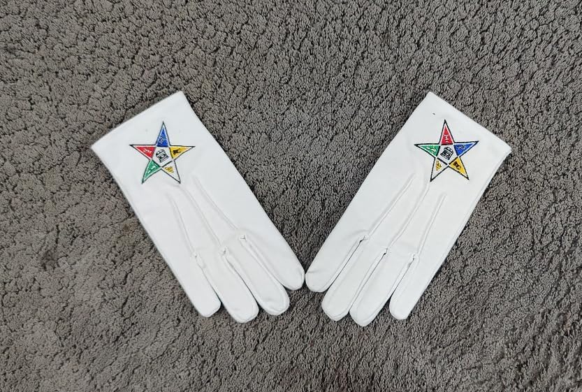 OES masonic star face machine embroidered cotton gloves - white one size pair - order of the eastern star - Image 2