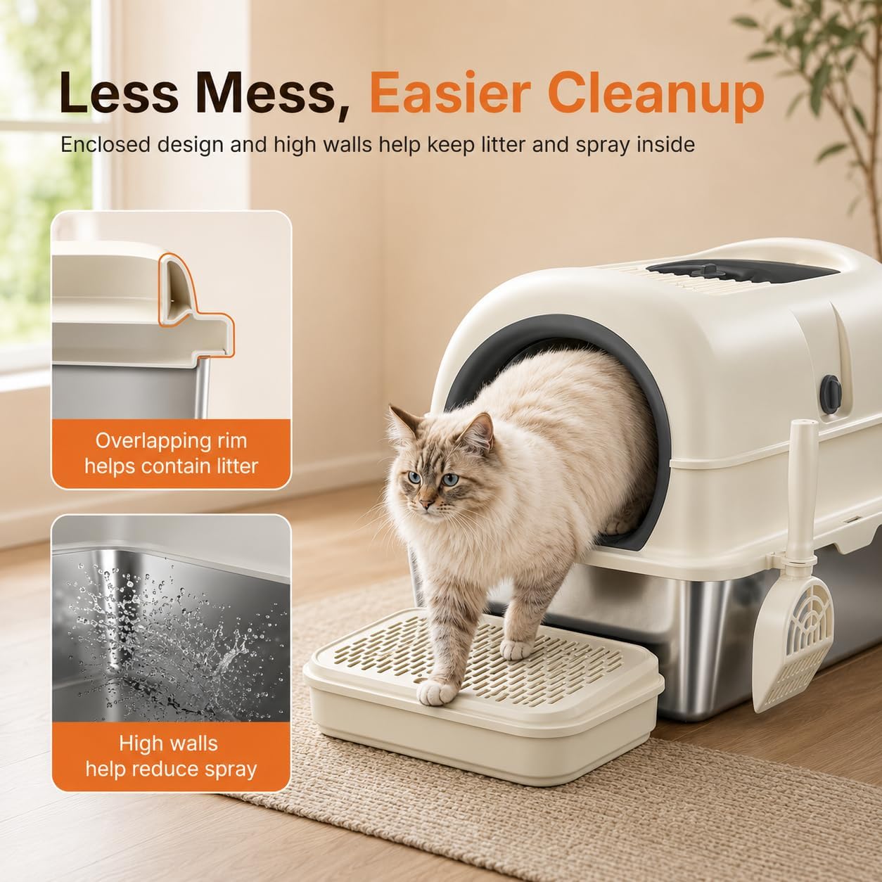 OROLEY XXXL Stainless Steel Cat Litter Box with Lid, Extra Large Enclosed Metal Litter Box for Big Cats, High Sides Prevent Leaks & Odors, Non-Stick Easy Clean, Includes Scoop & Step