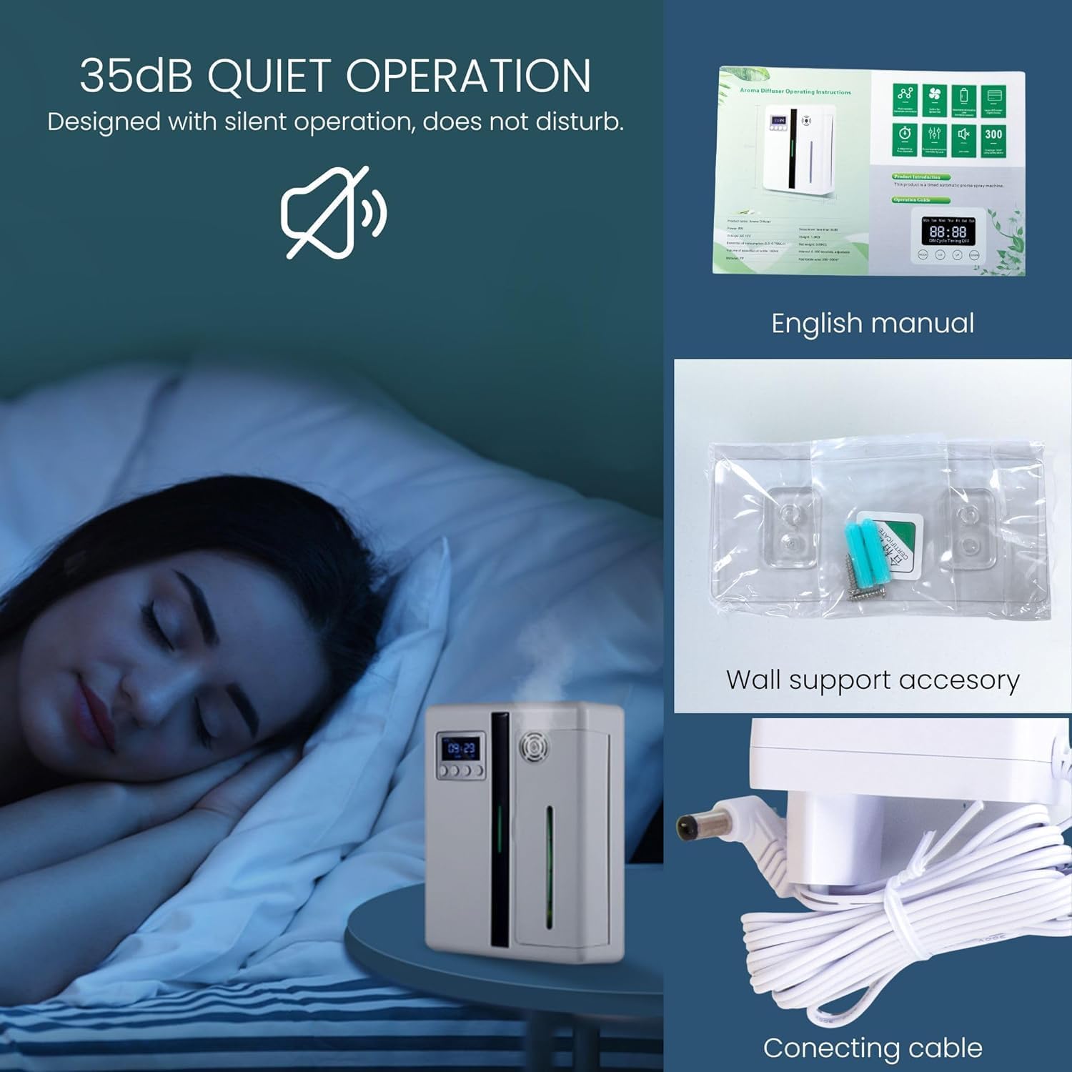 Accessories included: English manual, wall support, and connecting cable