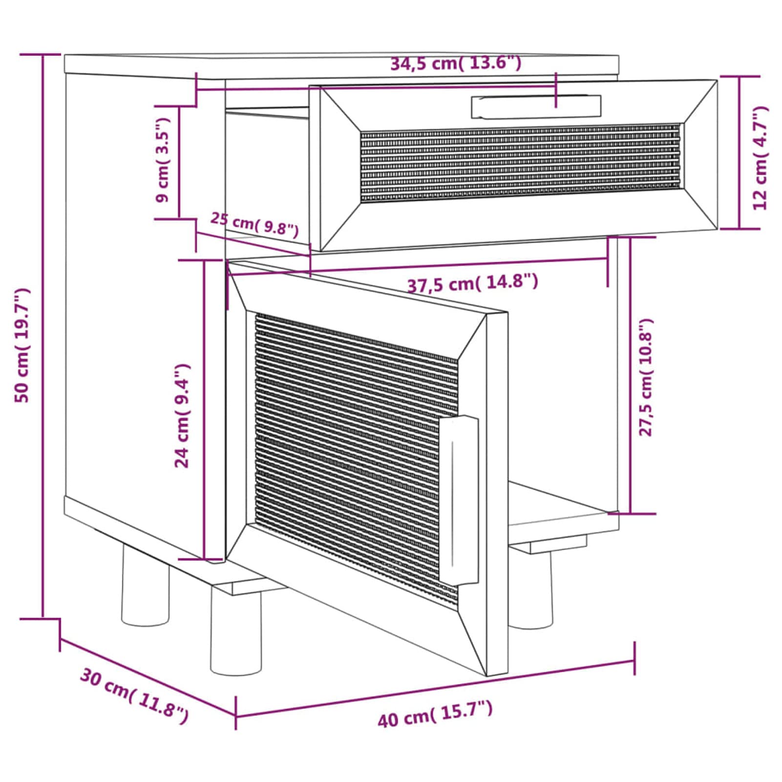 Homgoday Comodino in legno massello bianco e rattan naturale, 2 pezzi, comodino, comodino, tavolino per soggiorno, camera da letto, divano e tavolo