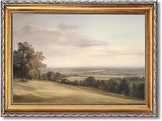 Large Gold Framed Classic European Pastoral Landscape Canvas Wall Art Vintage English Countryside Horizon Oil Painting Poster Retro Rolling Hills Artwork Prints for Rustic Farmhouse Decor 24x36inch