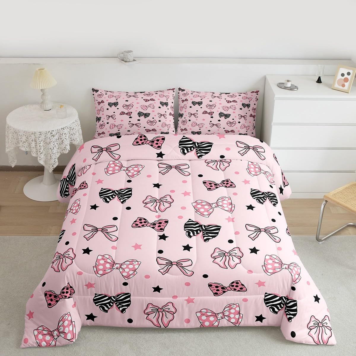 jejeloiu Cute Bowknot Comforter Set Twin Size Cartoon Bow Bedding Set for Kids Boys Girls Dark Pink Bow-tie Duvet Quilt Bedroom Decor 2 Pcs with 1 Pillow Cases