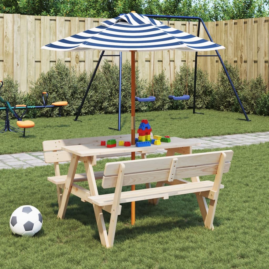 Tavolo da picnic per 4 bambini con ombrellone in legno di abete massiccio, tavolo da giardino per terrazza e balcone, tavolino stabile per mangiare, barbecue, feste e campeggio