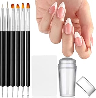 French Tip Nail Stamp Set, Clear Silicone Nails Stamping Jelly Stamper with Scraper & 6Pcs Double Head Nail Art Brushes for DIY& Salon Manicure Art