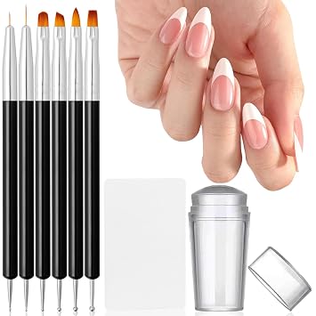 French Tip Nail Stamp with French Nail Art Brushes & Dotting Tools, Nail French Tool Silicone Jelly Nail Art Stamper with Scraper for Easy French Manicure Kit DIY Home Salon