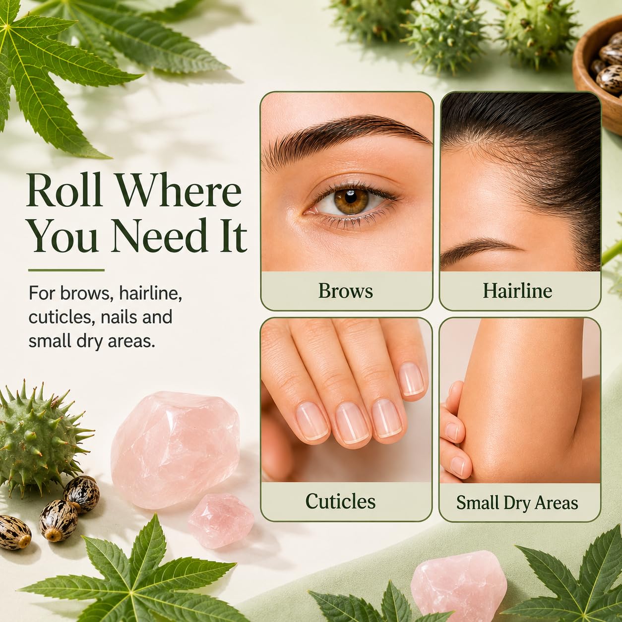 Organic Castor Oil Roll On with Rose Quartz Roller, 100% Pure Cold Pressed Hexane Free, 1.7 fl oz / 50 mL Portable Serum for Eyelashes, Eyebrows, Hair, Scalp, Skin, Nails, Cuticles, Travel Applicator