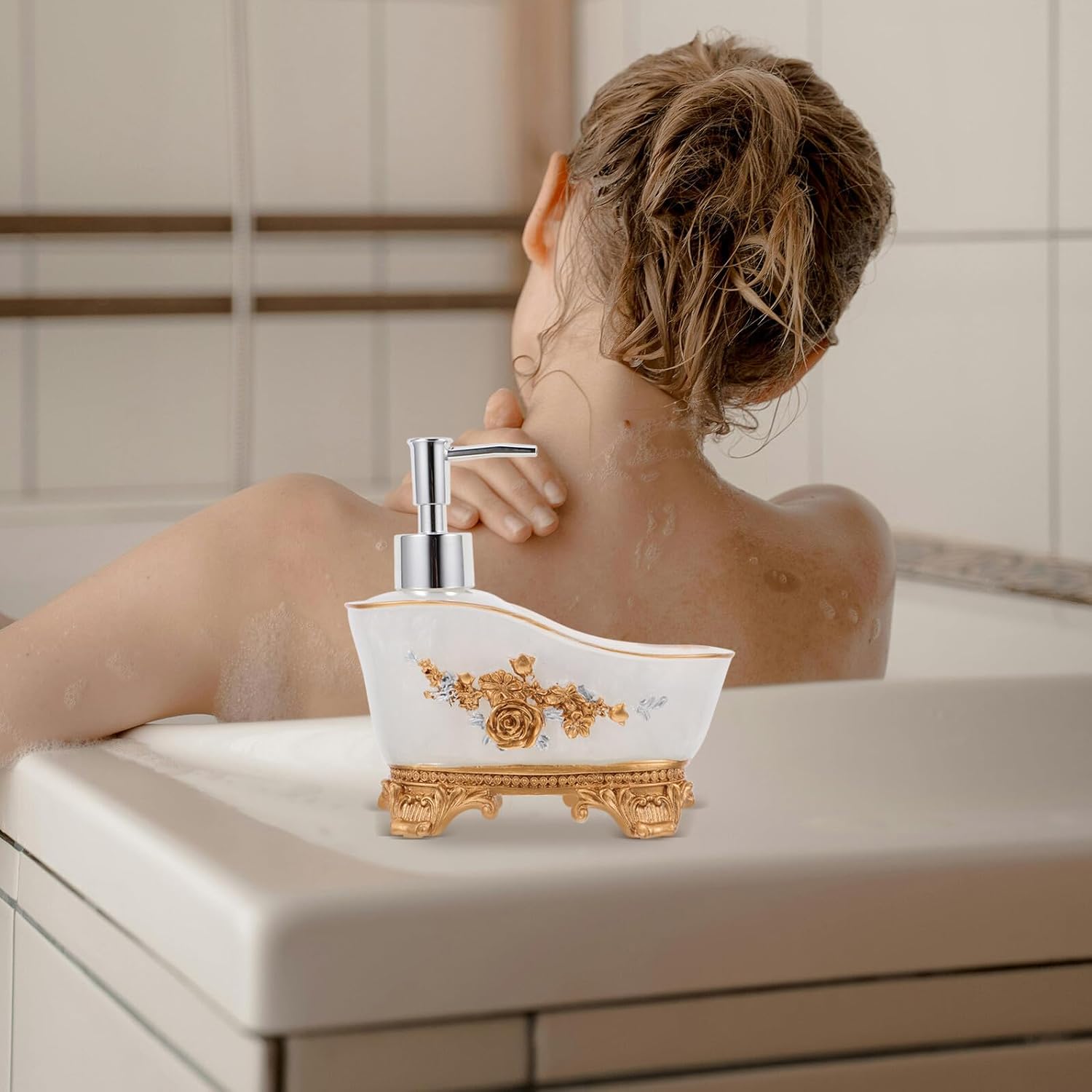 Holibanna Vintage Bathtub Shaped Lotion Dispenser with Soap Holder, Refillable Shower Body Wash and Shampoo Bottle, Farmhouse Bathroom Accessories in Navy Blue and Pearl White, Pump