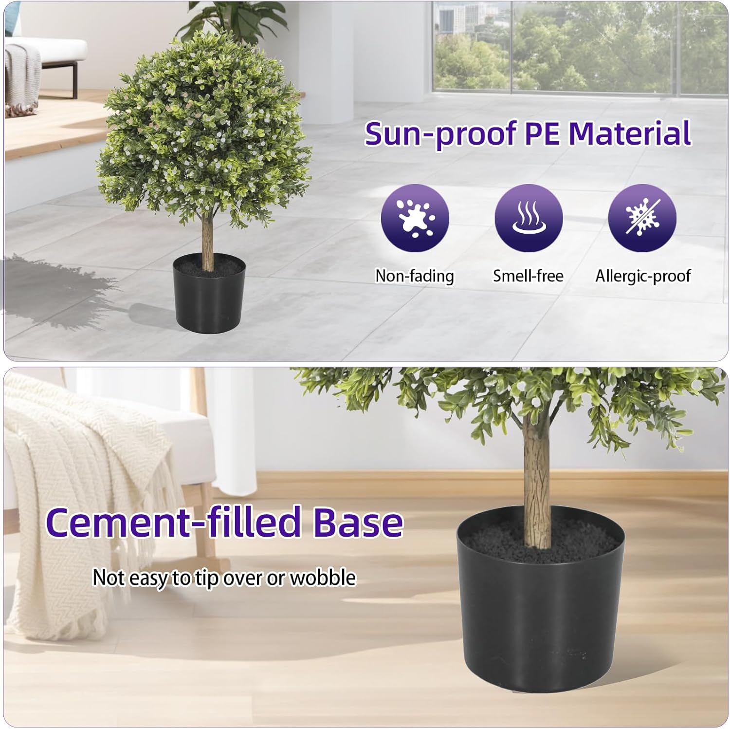 Artificial Cedar Topiary Ball Trees, Set of 2 Fake Shrubs Bushes, UV Resistant Faux Evergreen Tree for Front Porch Outdoor Garden Decor