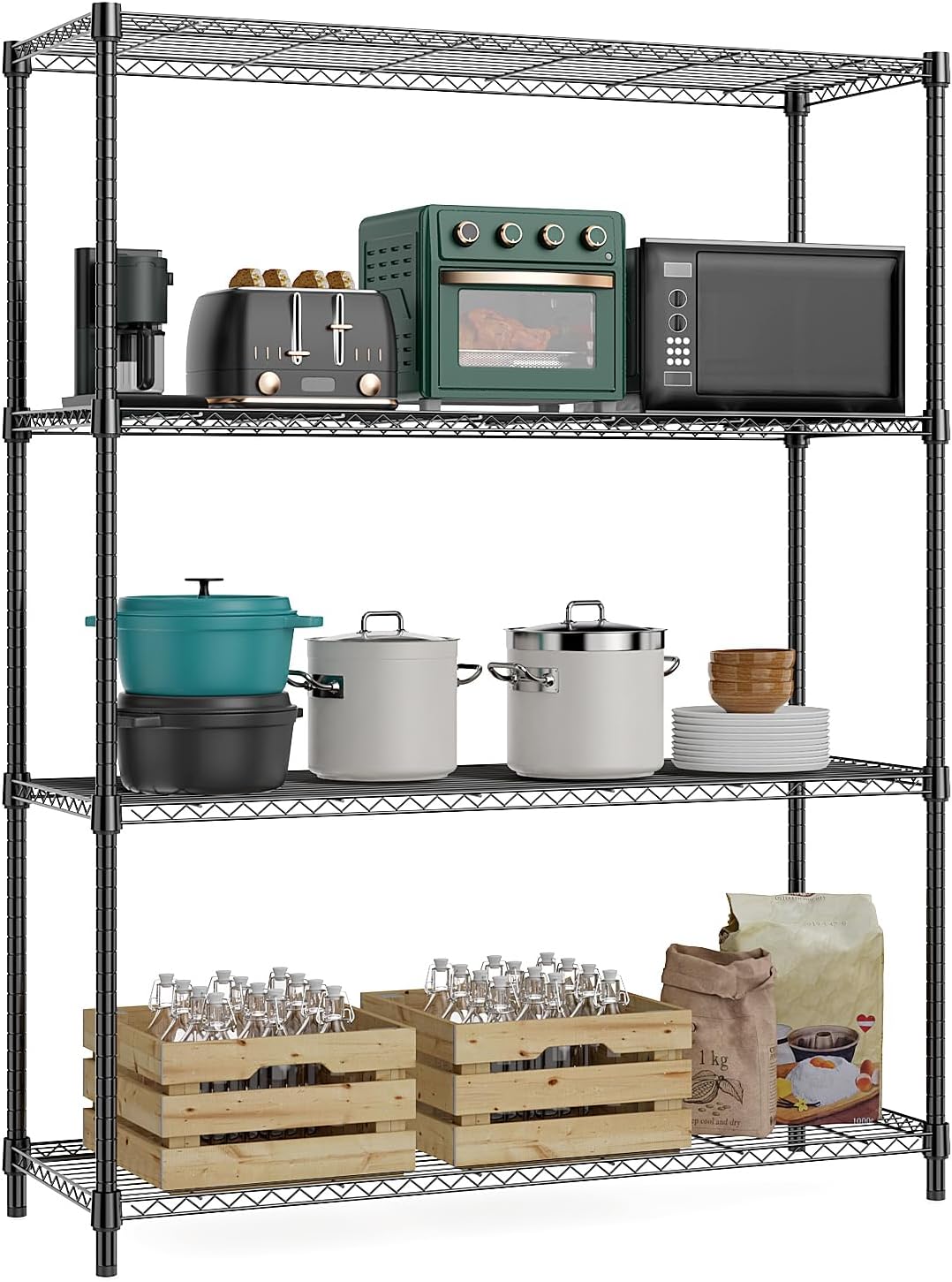 1400 lbs 4 Tier Storage Rack Metal Wire Shelving Unit, Storage Standing Household Shelf Organizer for Kitchen Pantry Closet Garage Basement Utility Room, Black 15.8″ D x 45.3″ W x 59.4″ H
