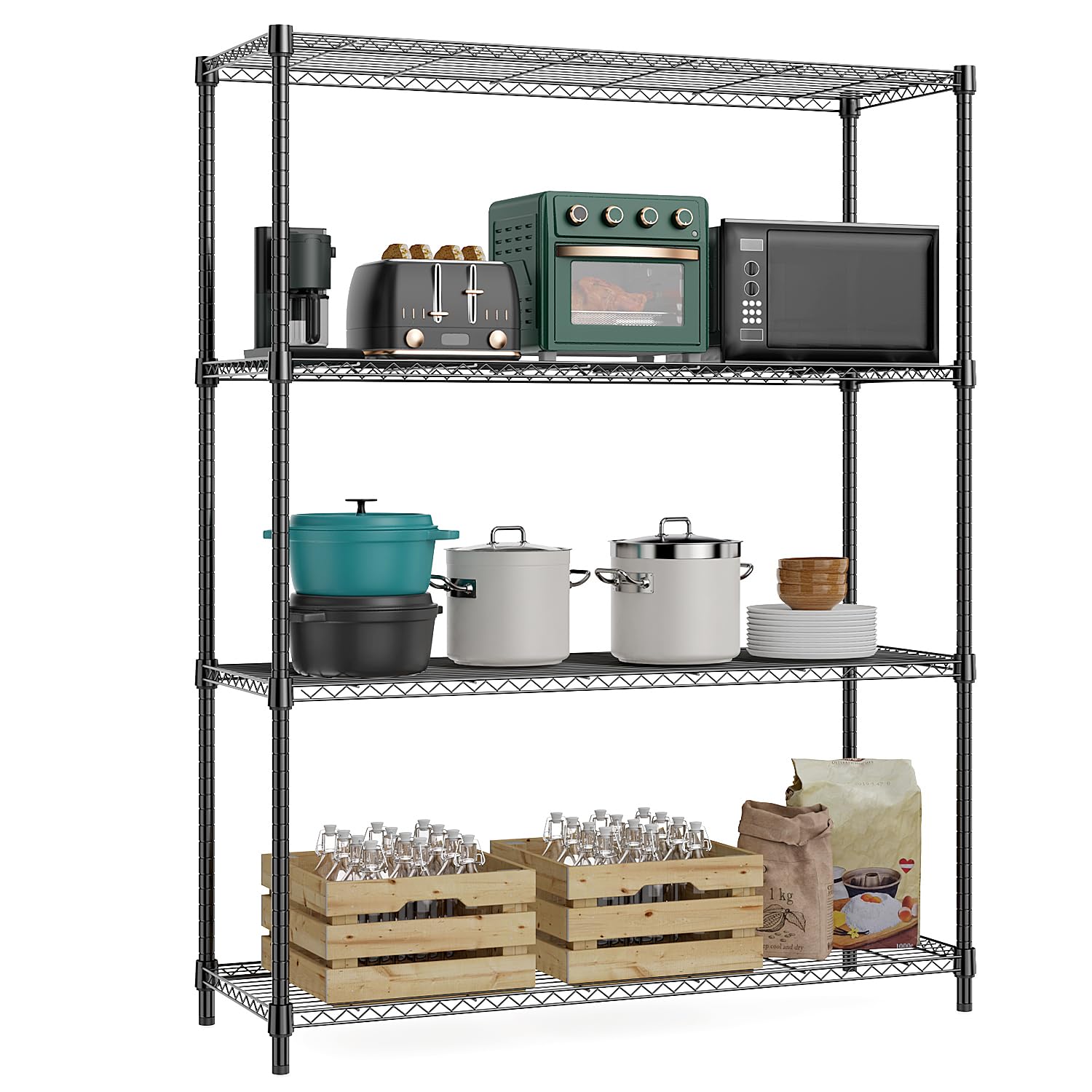 M MZG 4-Shelf Storage Unit With Height Adjustable Shelves and Levelling Feet Total Load Capacity 636 kg Heavy Duty Rack Wire Pantry Shelves for Tool Shed Garage Storehouse Black 40 x 115 x 150.8 cm