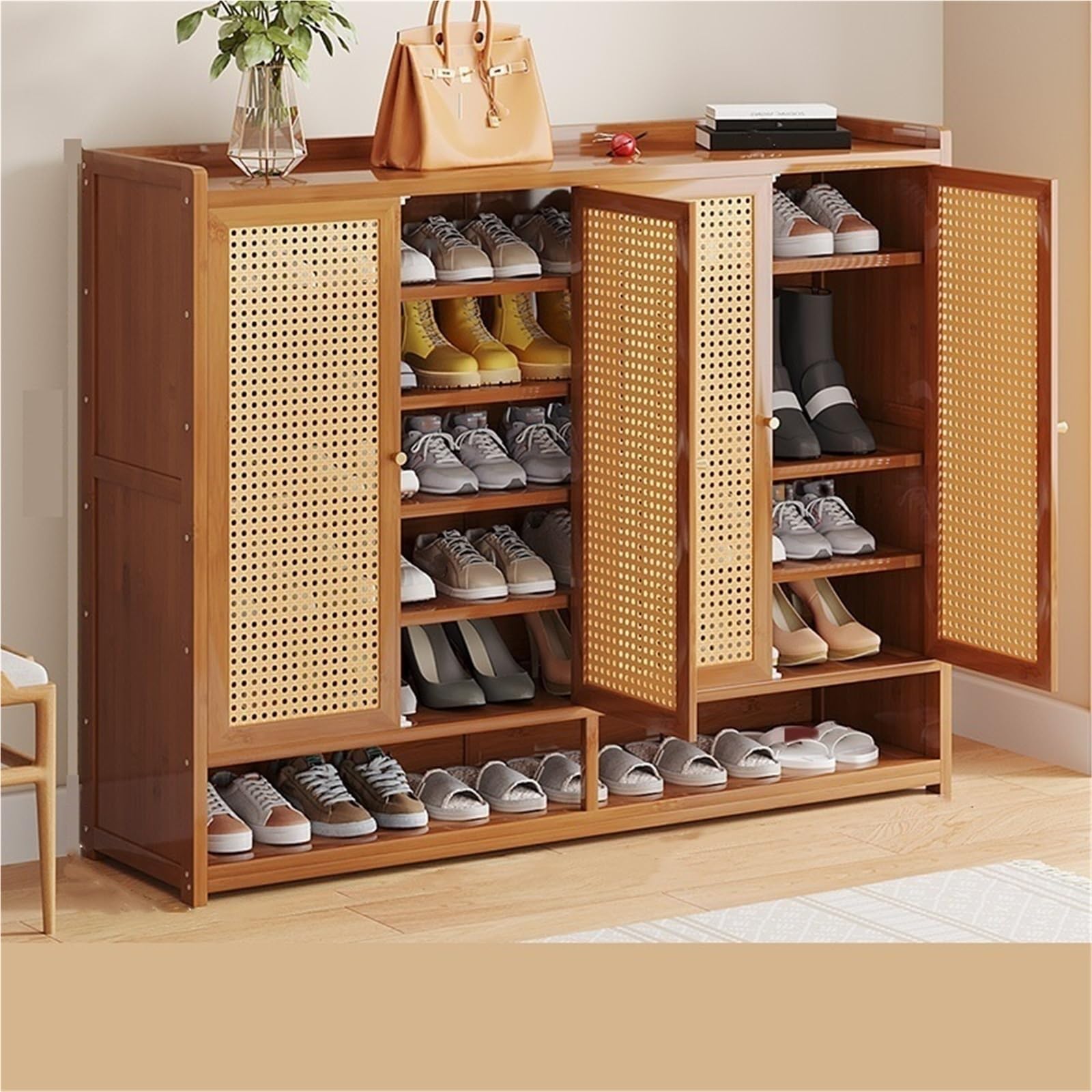 SDCFFC 7 Tier Bamboo Shoe Storage Cabinet with Boot Storage Freestanding Shoes Racks with Doors Shoe Cabinet Shoe Shelves Organizer for Entryway Hallway Bedroom,Freestanding Organizer