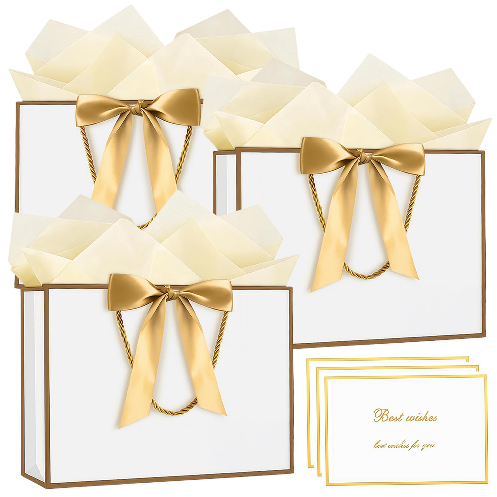 3 Pack Medium Gift Bags with Tissue Paper and Cards, White Gold Paper Present Bags with Handles for Wedding Birthday Bridesmaid Baby Shower Gifts, 28 x 20 x 10 cm