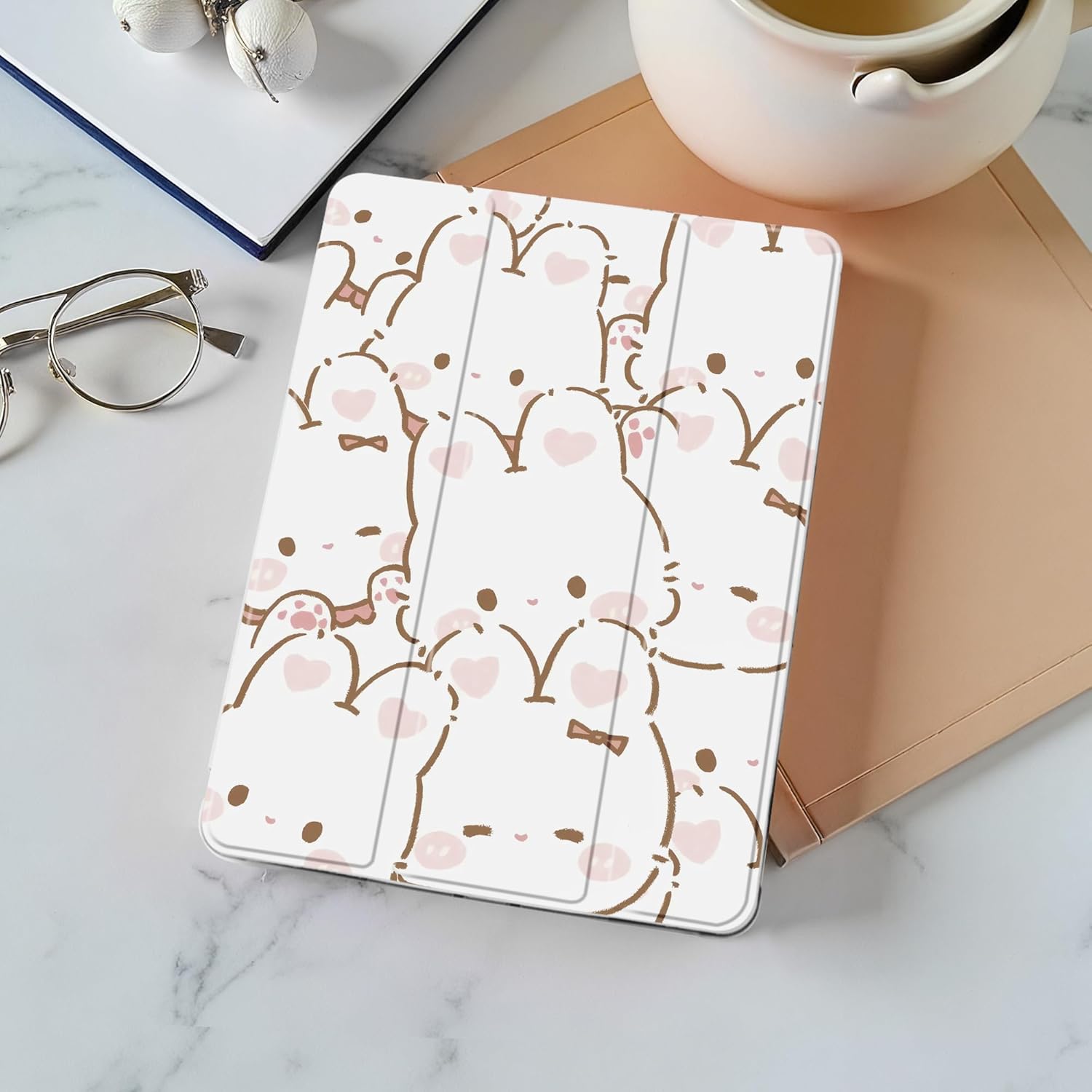 Idocolors Cute Kawaii Bunny Rabbit Pad Case for 11 Inch iPad Pro 2022/2021/2020/2018, Clear TPU Trifold Stand Back Cover with Pencil Holder, Auto Wake/Sleep Foldable Shockproof Protective Case