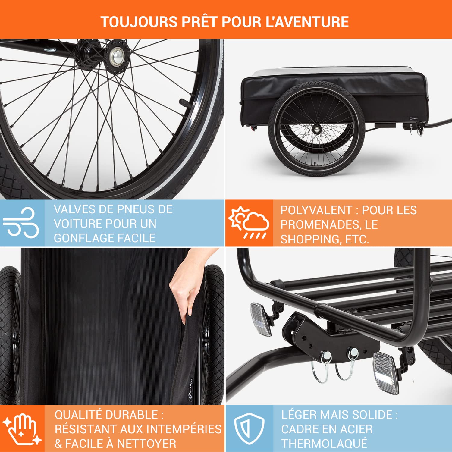 Klarfit Remorque Velo Cargo 2 Roues Acier avec Attelage Support Etanche Camping Bagages Trekking