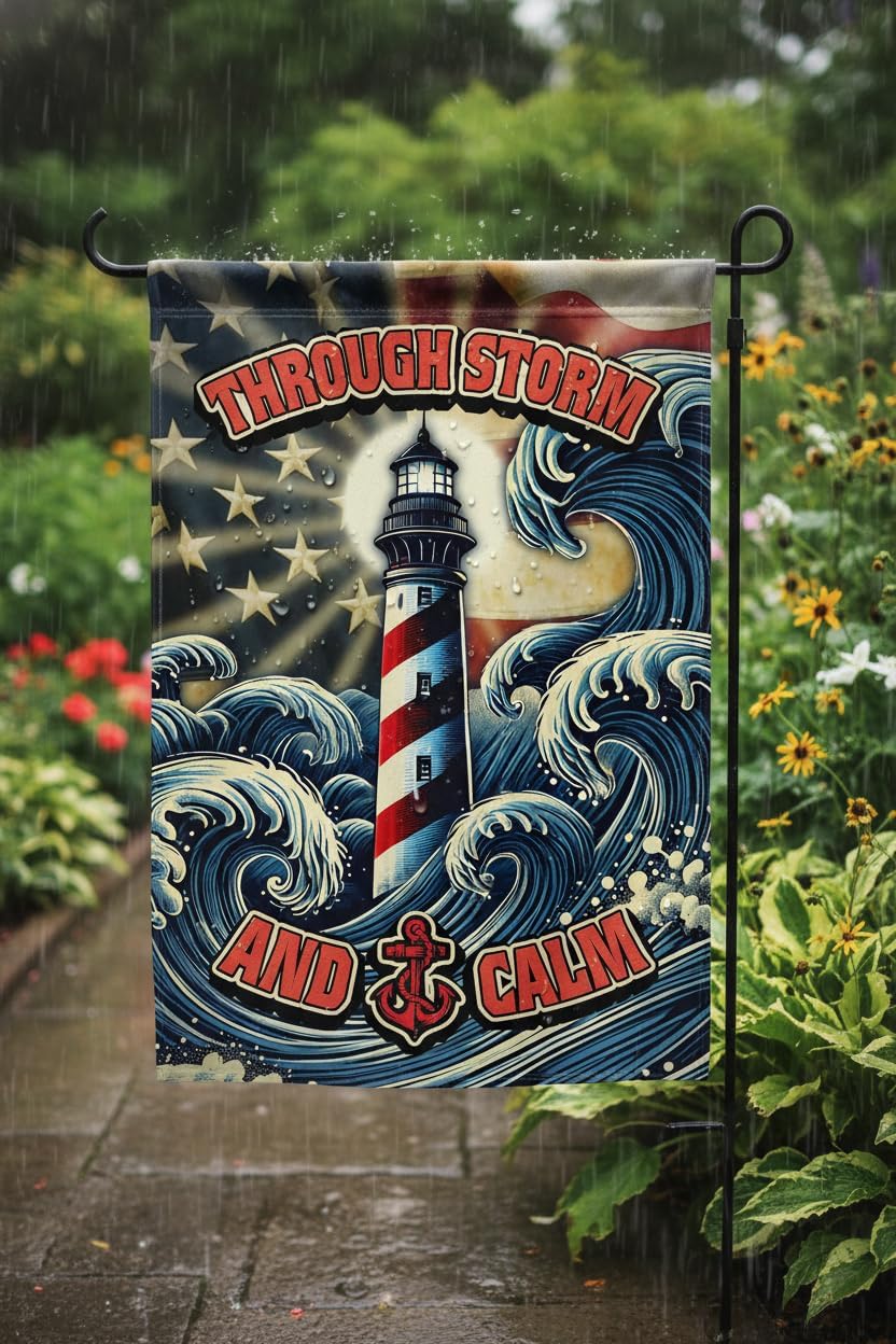 Lighthouse Garden Flag, Double Sided 12x18 Inch, Patriotic Nautical Outdoor Yard Banner with American Flag & Waves, Memorial Outdoor Decor for Veterans Day, Patriot Day, 911 - Image 4